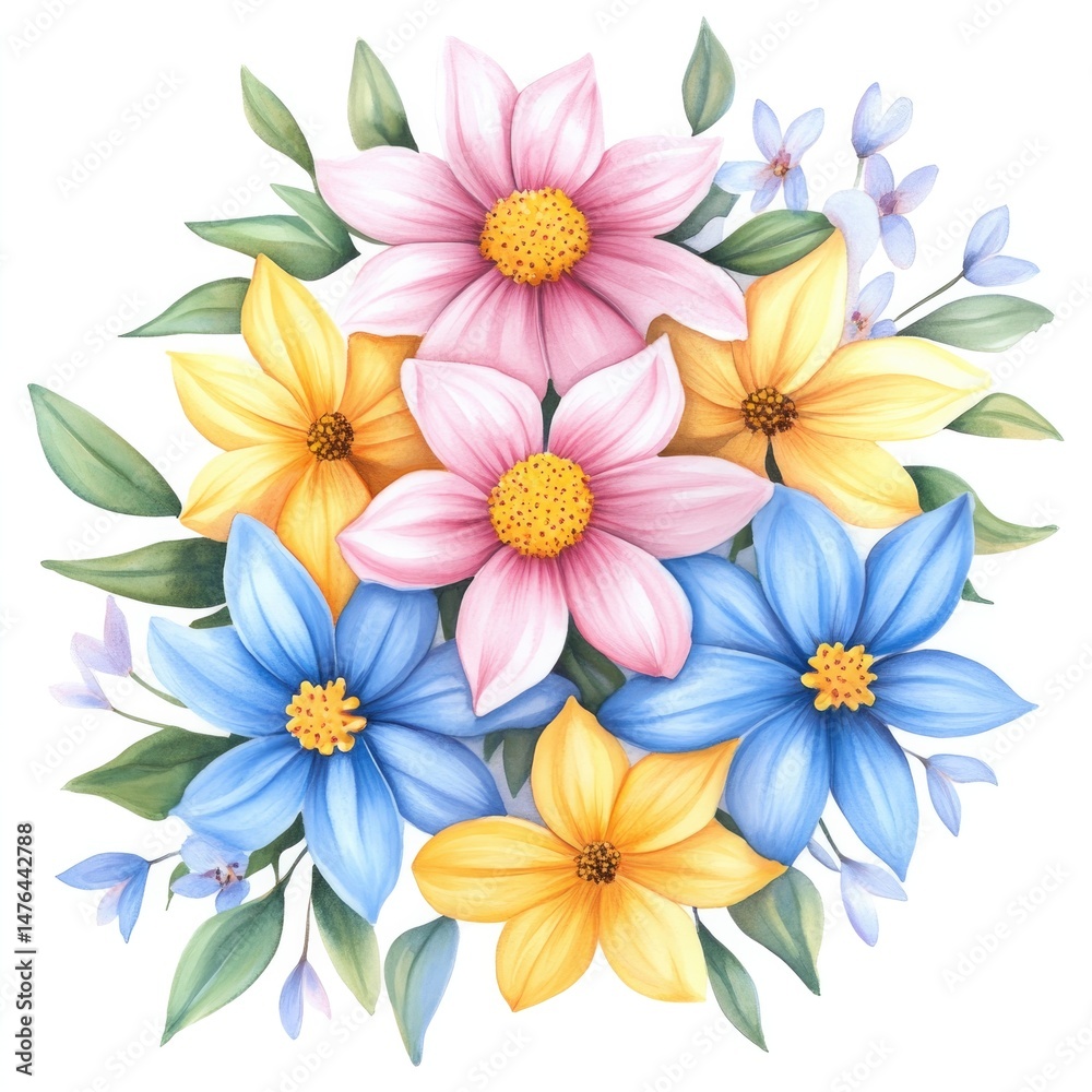 Obraz premium Floral watercolor bouquet in blush pink, yellow, and light blue for art and design