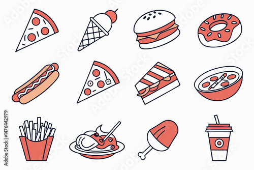 Red and White Food Icons Vector Set  Minimalist Fast Food Dessert and Takeout Illustrated Collection 
 generate ai