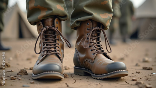 Close-up of boots of Soldiers Marching Walking in Military Camp, Army defense, mobilization and conscription, Brown camouflage