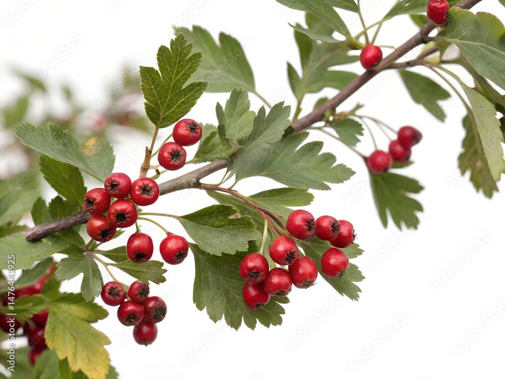 Obraz premium A close-up photo of a branch with small, red berries and green foliage. A branch of red berries hanging from a tree. The berries are small and red, and they are clustered together.