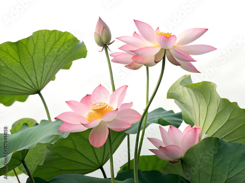 A view of a cluster of pink lotus flowers and green leaves isolated on white background. The flowers are in full bloom and are the center of attention.