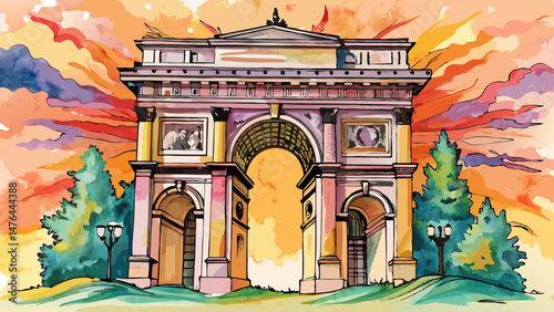 close up Arc de Triomphe. Arc de Triomphe hand drawn watercolor illustration Very beautiful