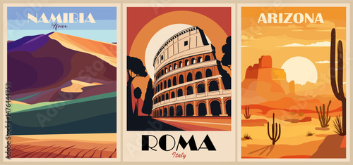 Set of travel destination posters in retro style. Namibia, Roma, Italy, Arizona, USA landscape vector colorful vector illustration 