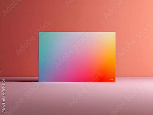 A vibrant gradient color poster mockup stands against a muted coral backdrop in a minimalist studio setting.