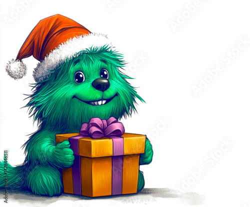 A cheerful green furry monster wearing a Santa hat holds a beautifully wrapped golden gift with a purple bow, sitting with a big smile, creating a whimsical and festive holiday atmosphere.