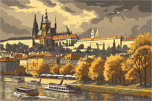 20 medieval european city, autumn landscape, prague castle and historic buildings, golden trees, boats on river, dramatic cloudy sky, vivid colors, cinematic lighting, highly detailed, photorealistic