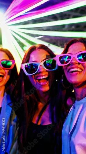 Vibrant party celebration with friends and neon lights in dynamic movement