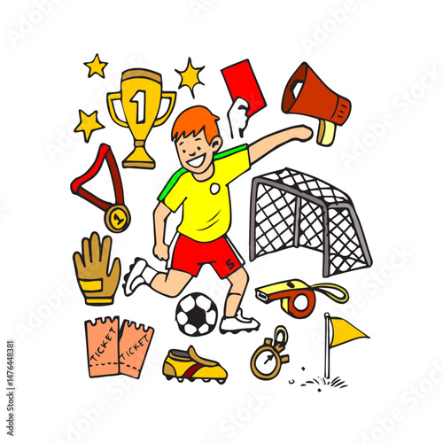 Football doodle set of hand drawn soccer icons. sketch illustration drawing of football equipment 