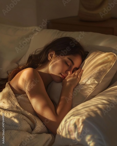 A young woman sleeps peacefully on her side, bathed in warm sunlight that filters through the window, casting a serene glow on her face.