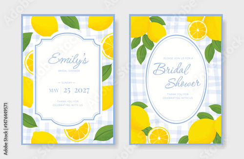 Indigo Italy summer invitation card vector. Italian poster with lemon, Blue Mediterranean tiles pattern, summer element. Design for wedding card, greeting card, bridal shower, cover.