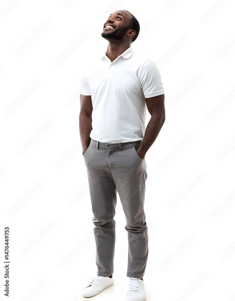 Fototapeta premium A young Black man looks upwards with a smile.