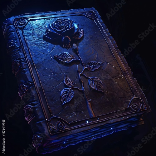 A fantasy medieval leather book cover features a rose and leaves illuminated with a blue glow against a dark blue background.