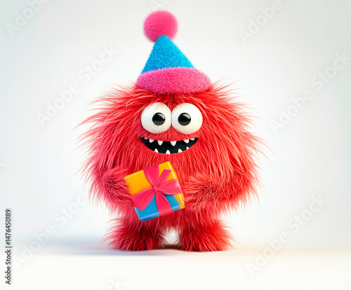 A cute and fluffy red monster with big googly eyes and a blue winter hat holds a colorful wrapped gift, standing against a clean white background, creating a fun and festive celebration mood.