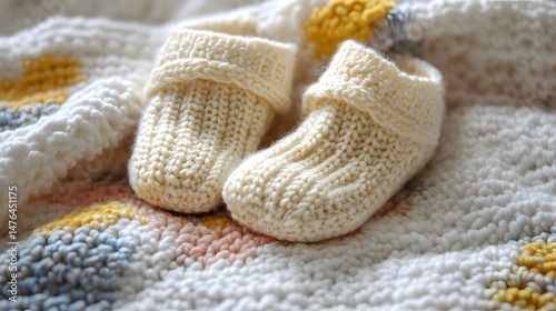Crocheted baby booties on a soft blanket
