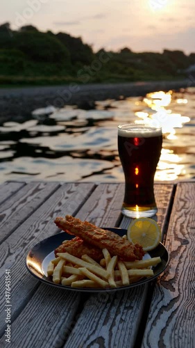 Evening lakeside dining with refreshing drink and sunset reflections over water