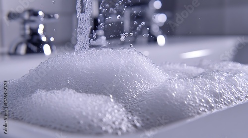 Realistic close up of using a cleaning solution to remove limescale from a bathroom faucet, soap scum residue dissolving, with droplets of water on the sink