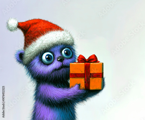 A cute purple furry monster wearing a Santa hat holds a beautifully wrapped gift with a red bow, gazing curiously with big eyes in this whimsical and festive Christmas illustration.