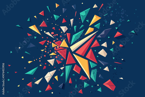 Generate a bold, fragmented abstract background image featuring shattered, geometric shapes with intense color contrasts and sharp edges.  Emphasis on dynamic visual energy.