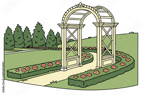 21 beautifull,trimmed,symmetrical garden,decorative archway,well-kept lawn,colorful flowers,vibrant greenery,scenic view,picturesque landscape,manicured