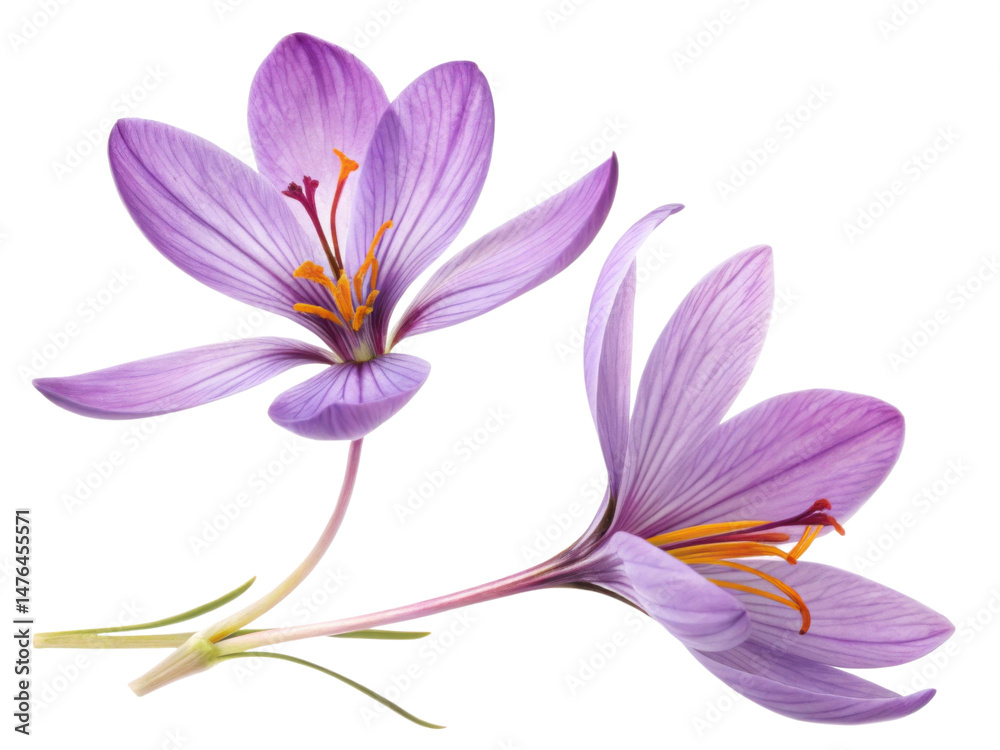 Naklejka premium Saffron flower blooms showcase vibrant purple petals and delicate yellow stamens, symbolizing beauty and elegance in nature
