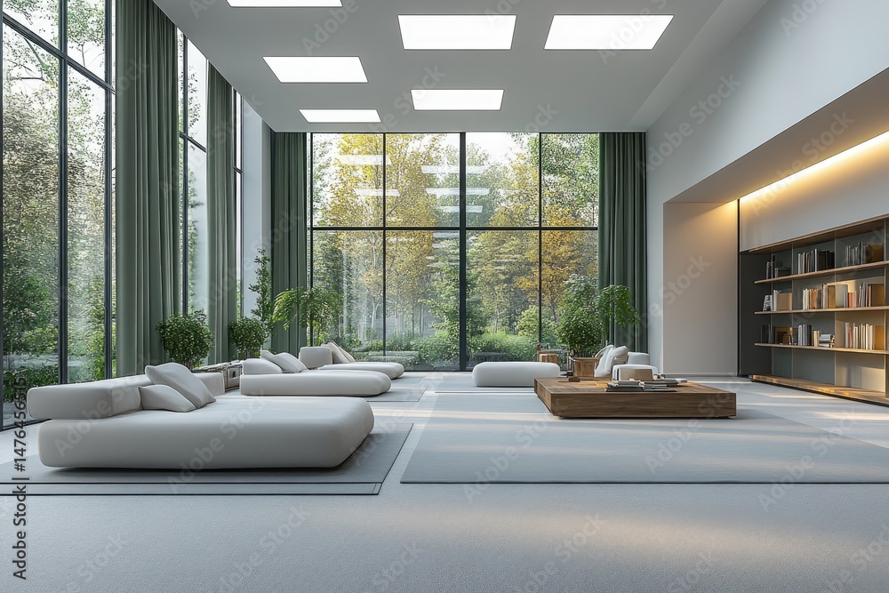 Fototapeta premium Spacious, modern, minimalist interior design with outdoor views.
