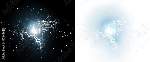 Realistic lightning bolt with electric energy burst and storm effect. Isolated thunderstrike element, perfect for illustrating power, surge, and electricity in nature or weather scenes. photo