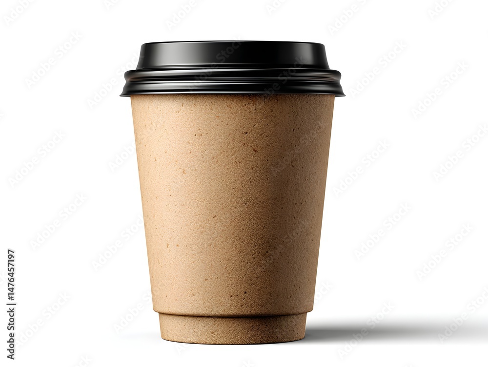 A tall disposable coffee cup with a black lid is perfectly isolated on a clean white background ready for your design. A tall disposable coffee cup with a black lid is perfectly isolated on a clean white background ready for your design.