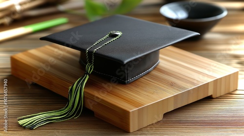 Graduation cap placed on a bamboo sushi board in a serene and natural setting