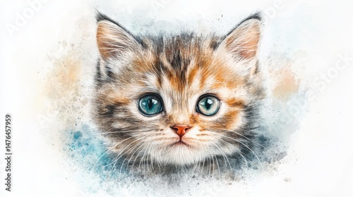 A cute watercolor illustration of a kitten with bright blue-green eyes and soft fur, set against a light artistic background.