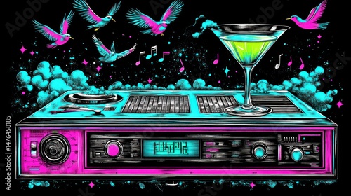 Retro Music System with Cocktail and Birds
