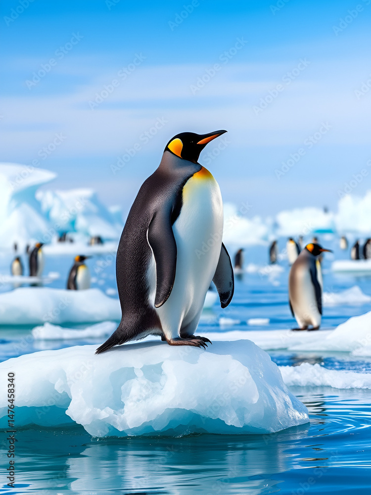 Fototapeta premium Indomitable spirit and unshakable bond Take in the cold landscape of Antarctica as penguins gracefully balance on icebergs surrounded by crystal clear water