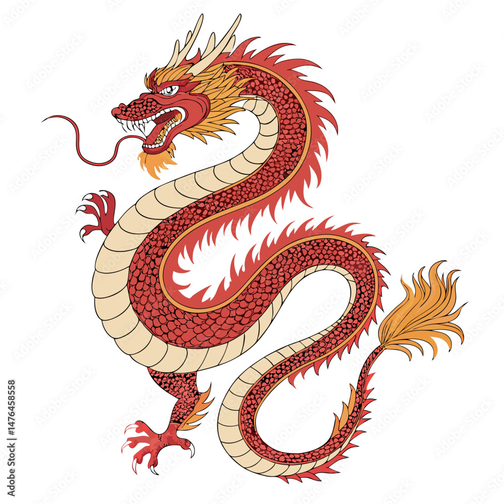 Fototapeta premium Create a bold, vector illustration of a powerful Chinese dragon, emphasizing intricate scales and a vibrant color palette, using only the C programming language.