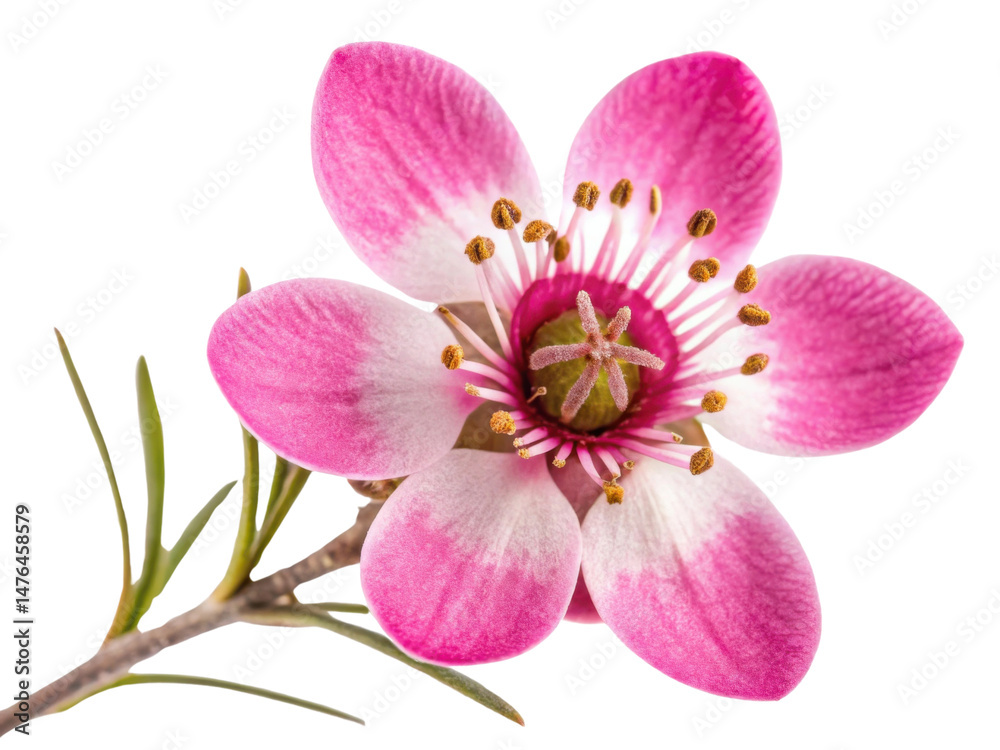 Obraz premium Stunning waxflower blooms with delicate pink petals and vibrant yellow stamens, showcasing nature beauty in every detail