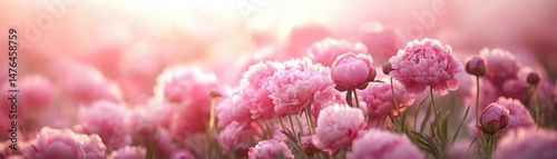 A dreamy field of pink peonies in soft sunlight, creating a romantic and serene floral landscape.
