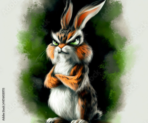 A fierce and grumpy rabbit with crossed arms and intense green eyes stands against a dramatic background, exuding attitude and confidence. The detailed fur and expressive face create .