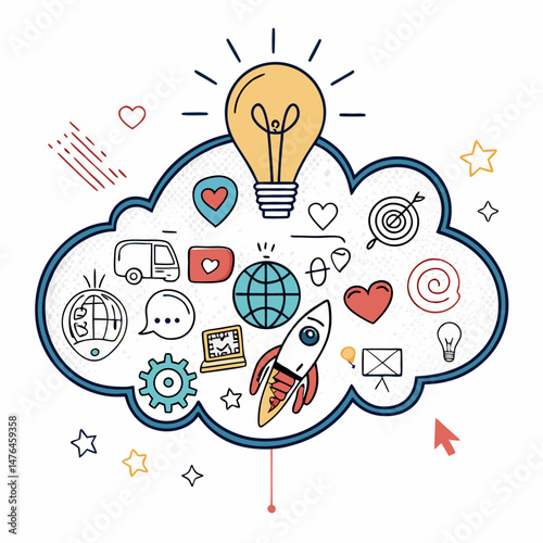 Create a bold vector illustration of a stylized cloud with varied, thick strokes; emphasizing texture and weight.  Include multiple cloud formations.