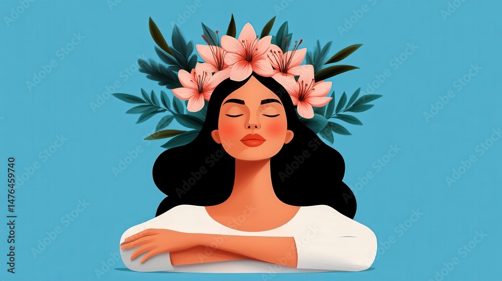 Illustrated woman with a flower crown. The portrait has closed eyes, folded arms, and sits in front of a blue background. Illustrated woman with a flower crown. The portrait has closed eyes, folded arms, and sits in front of a blue background.