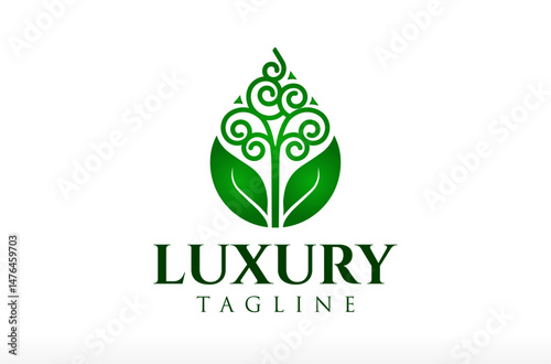 Artistic Tree with Leaf in a Water Drop Logo Design, water tree logo, tree leaf logo, water droplet logo, luxury tree and luxurious green eco leaf Vector Icon Symbol Silhouette Illustration brand sign