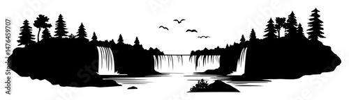 forest landscape with river and large waterfalls in silhouette