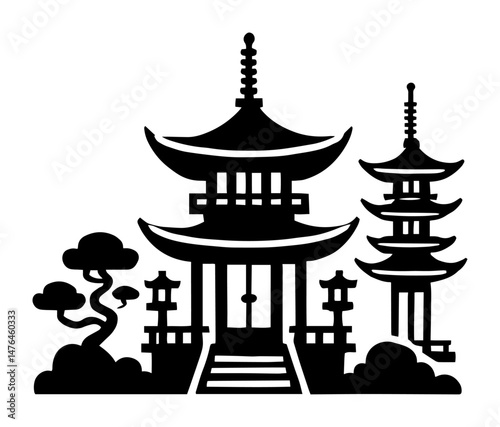japanese temple and pagodas with bonsai trees