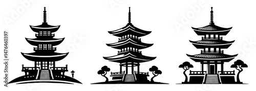 japanese pagoda temple trio with trees