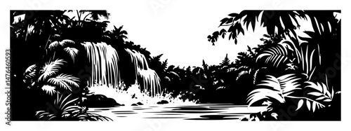 tropical jungle landscape with river and waterfalls