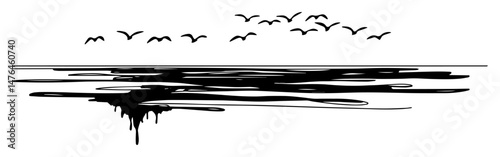 horizontal seascape with birds flying over calm water