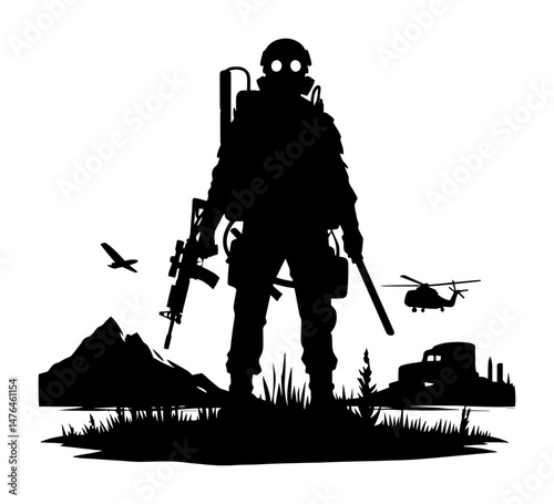armed survivor in gas mask with helicopters