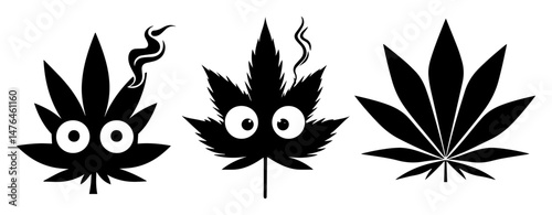 funny cannabis leaf icons with cartoon faces