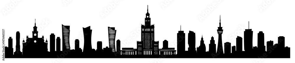 Naklejka premium warsaw skyline with modern and historic buildings silhouette vector shape