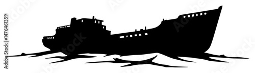 stranded cargo ship on shallow waves silhouette vector shape
