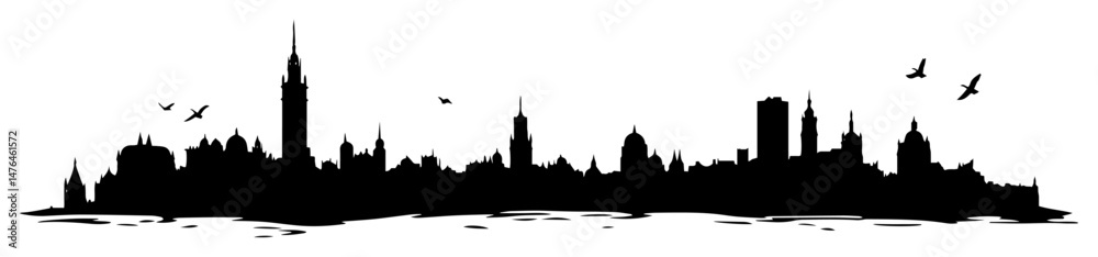 city skyline reflected on water with birds silhouette vector shape city skyline reflected on water with birds silhouette vector shape