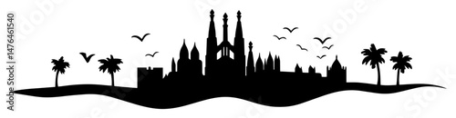 barcelona skyline with birds and palm trees silhouette vector shape