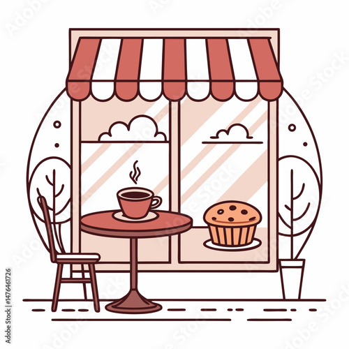 Create a bold vector illustration of a cozy café interior scene with warm lighting, patrons enjoying coffee, and visible baked goods.